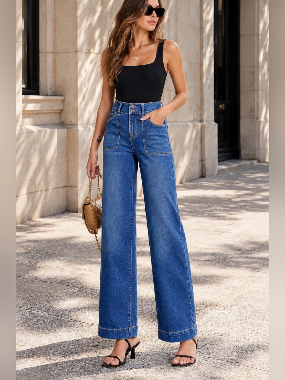 Sidefeel High-Waisted Wide-Leg Stretch Jeans – Dark Wash Size 10